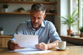 Homme en cuisine examine des documents de prêt immobilier