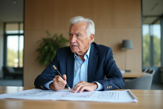 Homme senior en réunion avec plans architecturaux