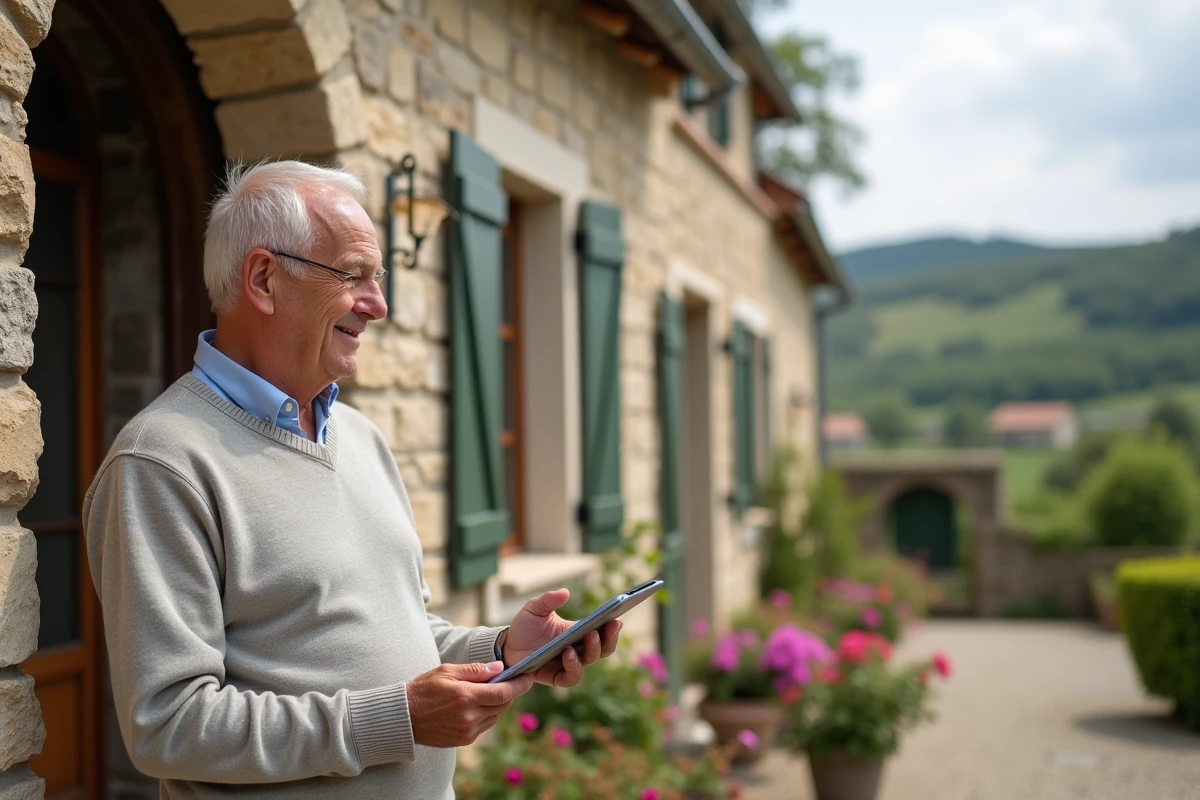 Homme âgé examinant des informations immobilières devant une maison rurale