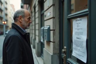 Homme d affaires examine une affiche devant un immeuble vide