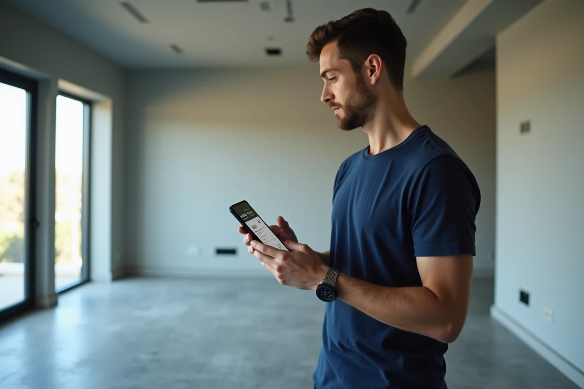 Homme visitant un appartement vide tout en consultant les filtres de disponibilité sur son smartphone via une application immobilière