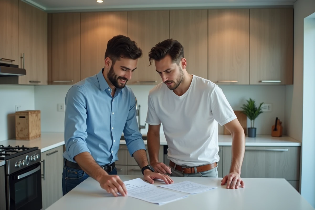 Deux hommes discutant d’un contrat dans une cuisine moderne