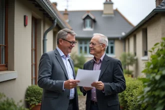 Deux hommes discutent de papiers devant un toit en tuiles