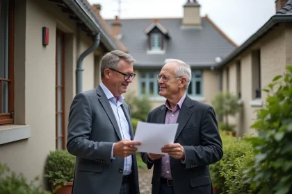 Deux hommes discutent de papiers devant un toit en tuiles