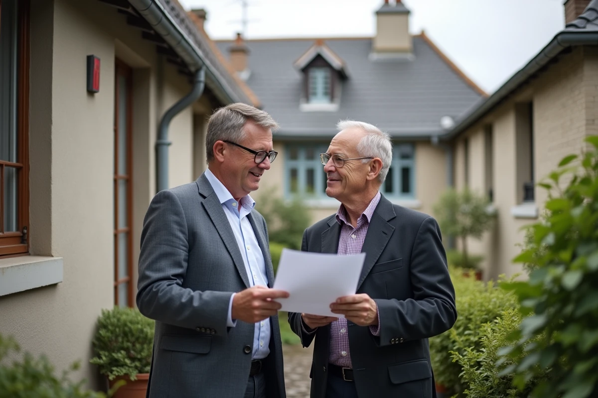 Deux hommes discutent de papiers devant un toit en tuiles