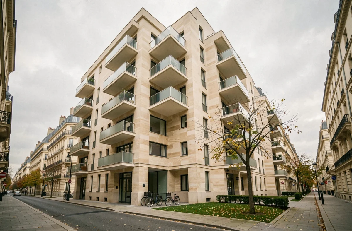Immeuble résidentiel en loi Scellier intermédiaire dans un quartier urbain français, vue de la rue