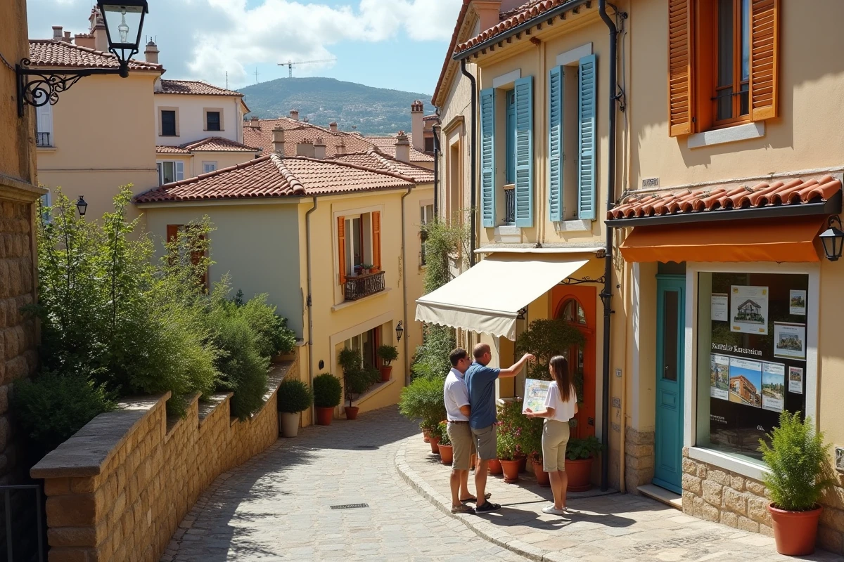 Vue de rue d'un quartier marseillais en transformation avec agence immobilière et façades restaurées typiques