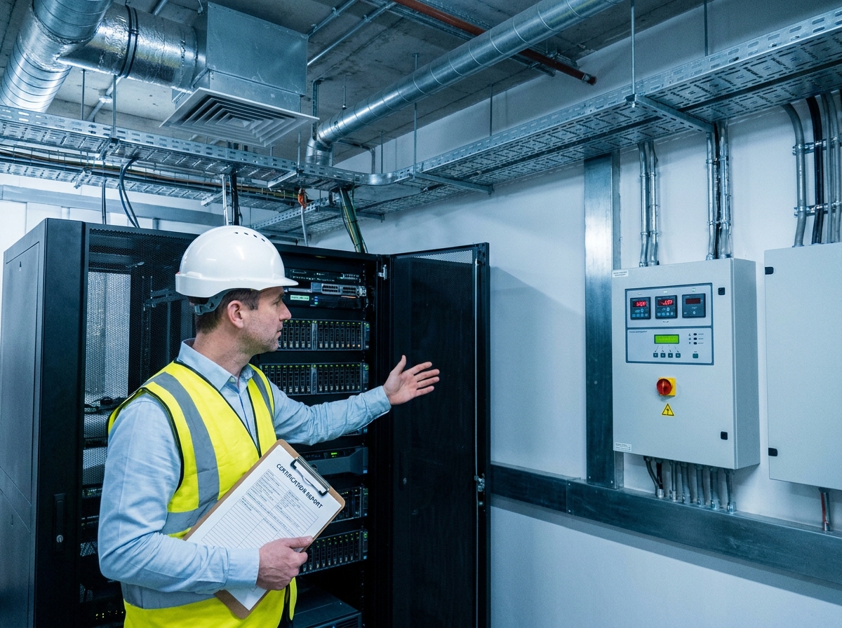 Ingénieur bâtiment inspectant l'infrastructure technique et les équipements certifiés d'un immeuble de bureaux à Saint-Denis