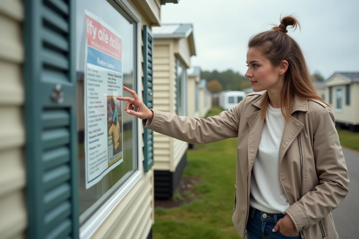 Jeune femme regardant une annonce de vente sur une maison mobile