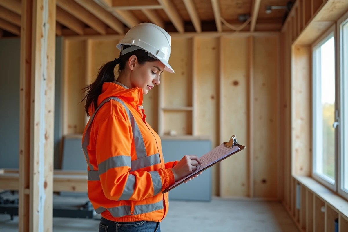 Inspectrice en bâtiment portant un casque blanc vérifiant la conformité d'une maison résidentielle en cours de construction