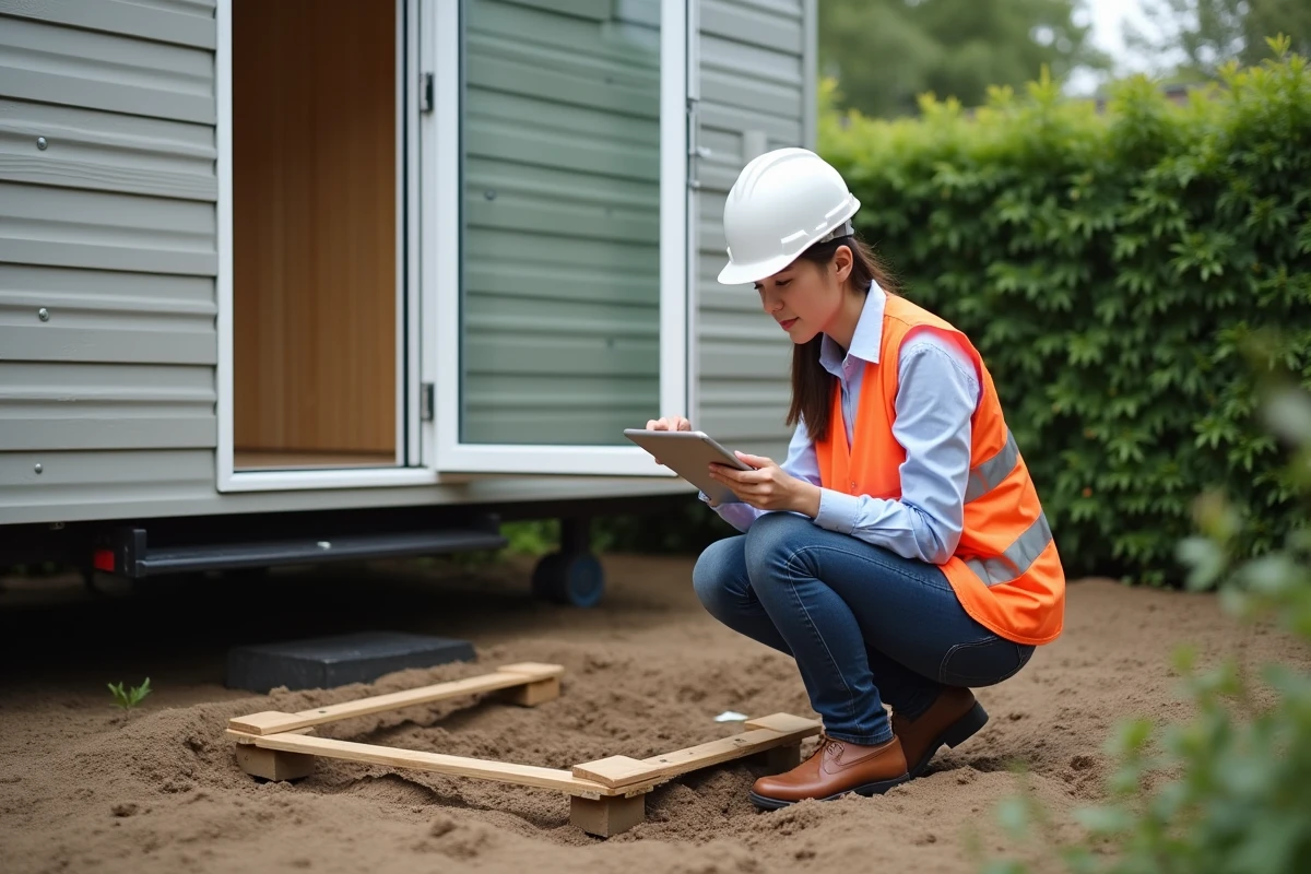 Jeune femme inspectrice vérifiant une maison mobile avec tablette