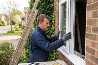 Technicien installant une nouvelle fenêtre double vitrage en PVC sur la façade d'une maison pour améliorer la sécurité