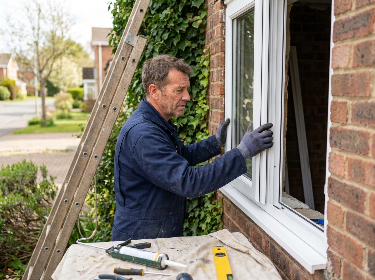 Technicien installant une nouvelle fenêtre double vitrage en PVC sur la façade d'une maison pour améliorer la sécurité