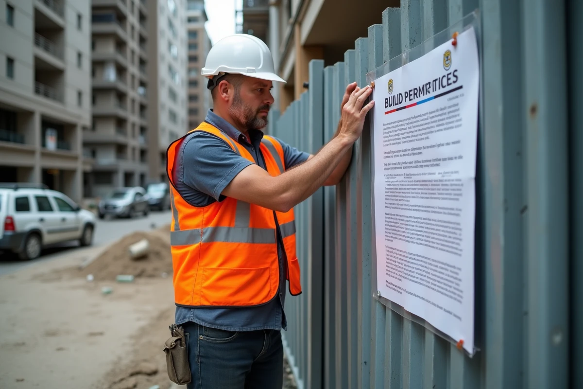 Responsable de chantier installant un panneau d'affichage réglementaire pour travaux sur une clôture de chantier urbain