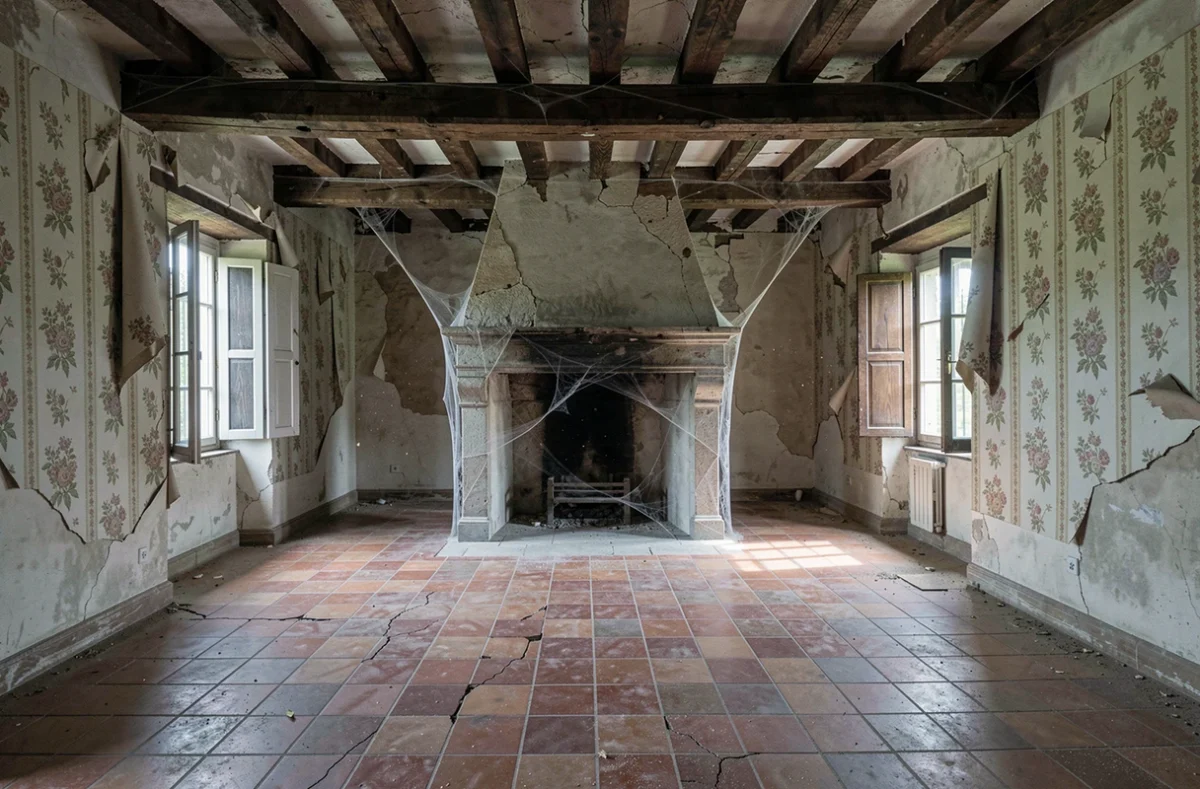 Intérieur délabré d'une maison abandonnée en Île-de-France avec cheminée en pierre et poutres apparentes à rénover pour un gîte