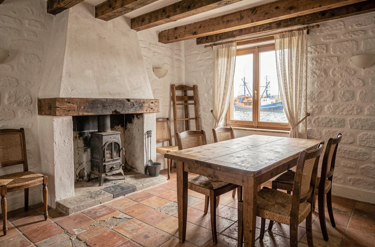 Intérieur authentique d'une maison de pêcheur française à vendre avec cheminée en fonte et tomettes