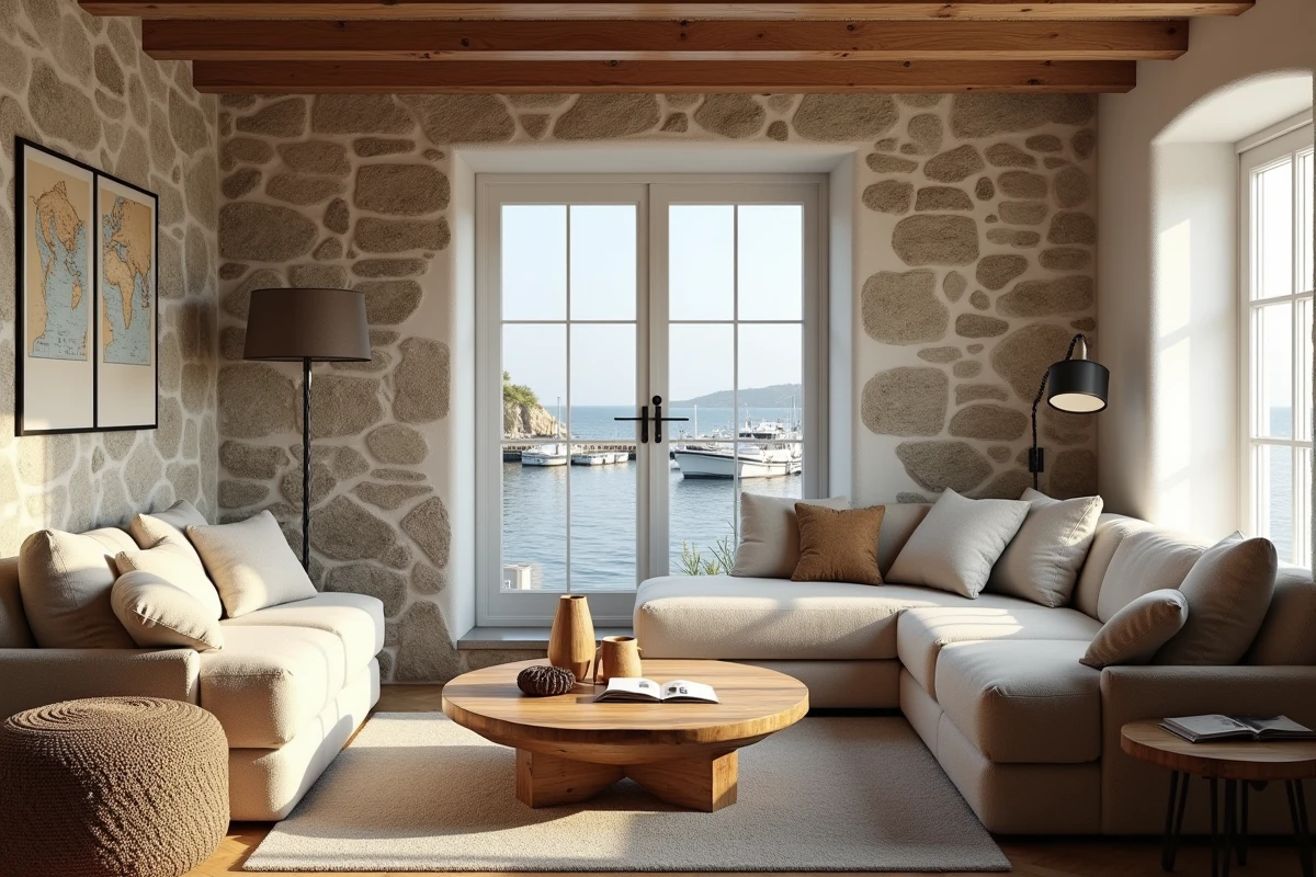 Intérieur rénové d'une maison de pêcheur avec murs en pierre et vue sur le port
