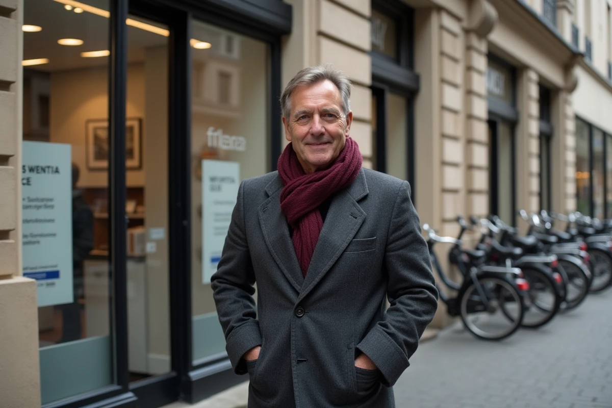 Investisseur immobilier devant une agence Orpi en façade haussmannienne à Paris