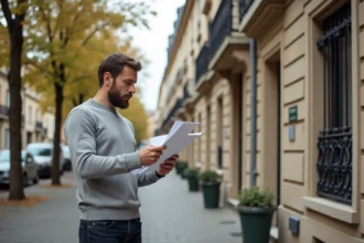 Investisseur immobilier consultant des documents devant un immeuble résidentiel dans un quartier de Saint-Étienne