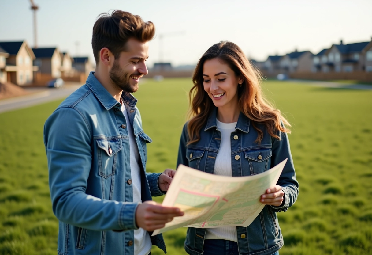 Jeune couple regarde une carte foncière en extérieur