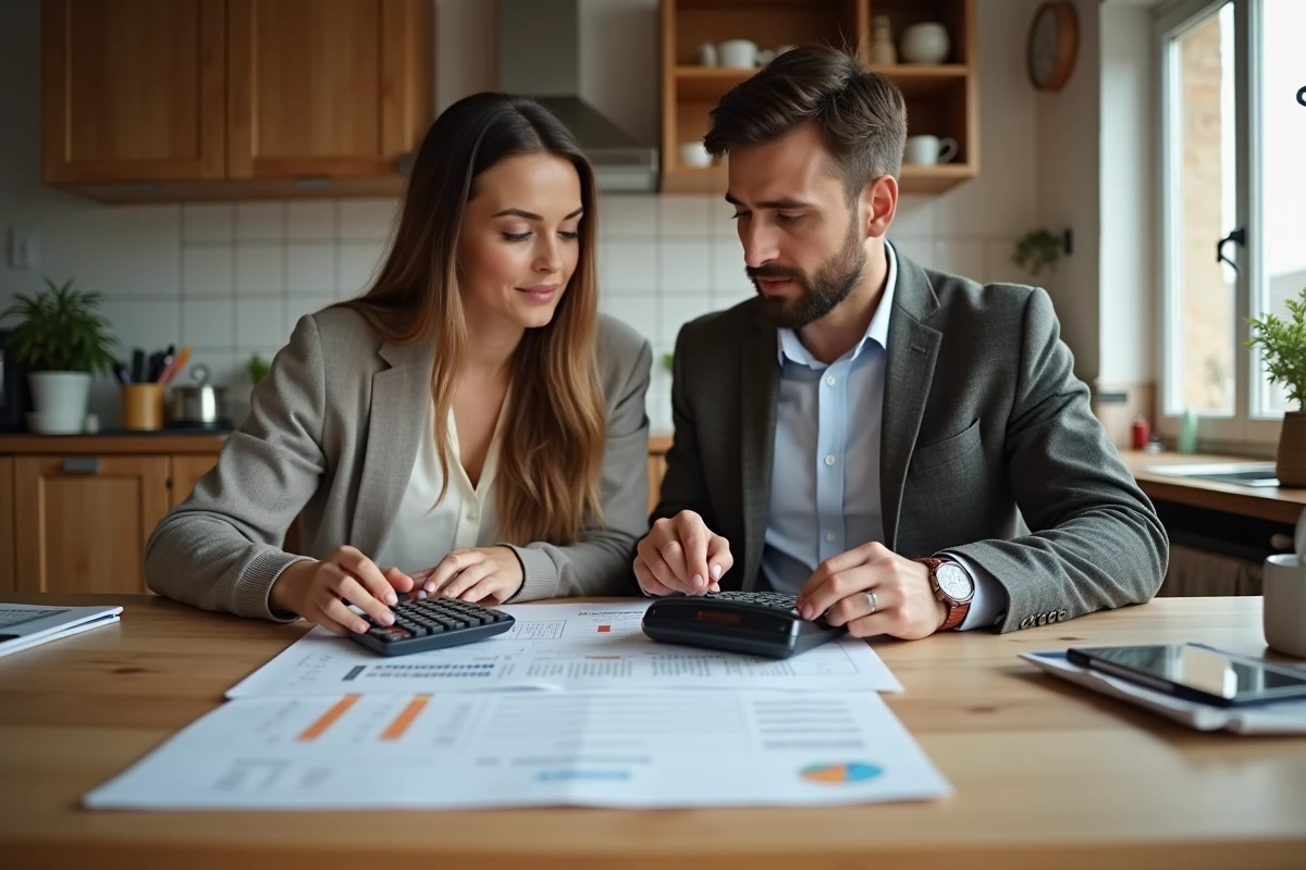 Jeune couple discutant de documents immobiliers dans la cuisine