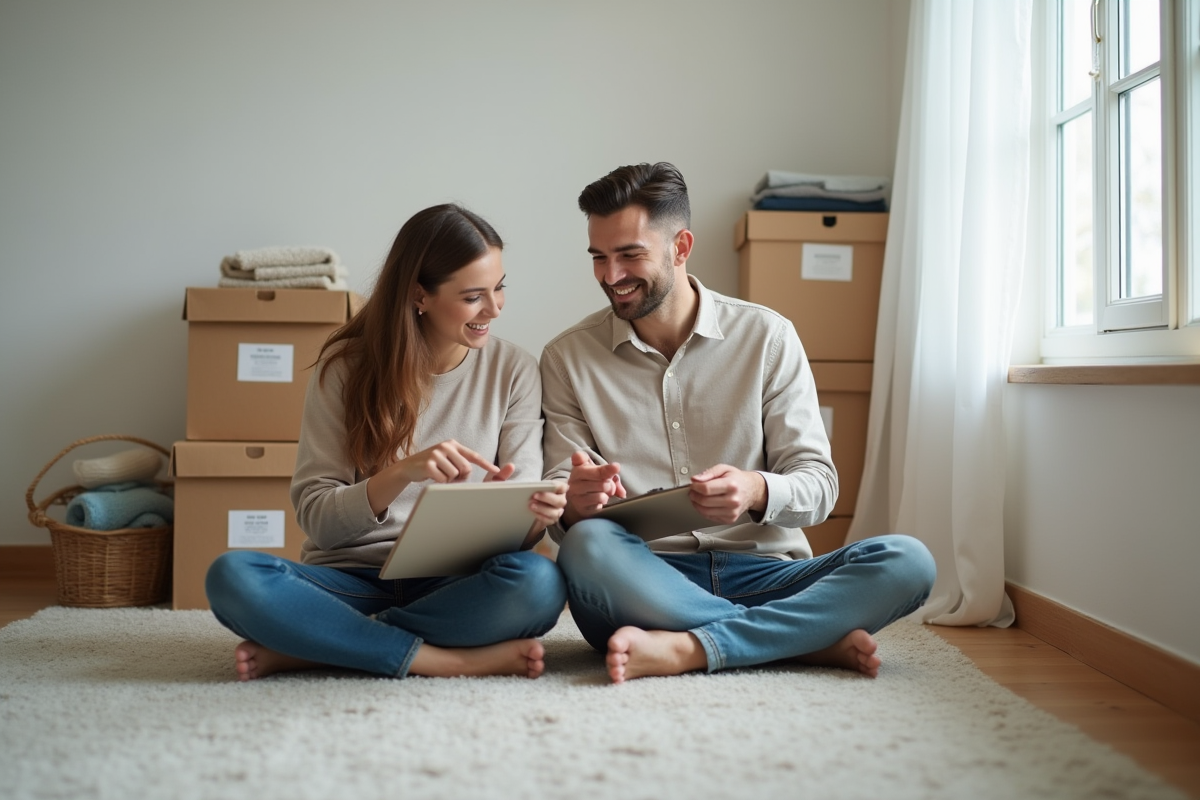 Jeune couple vérifiant une liste dans une chambre vide