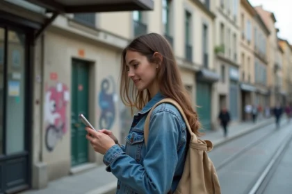 Jeune étudiante à Nice vérifiant son téléphone dans un quartier urbain