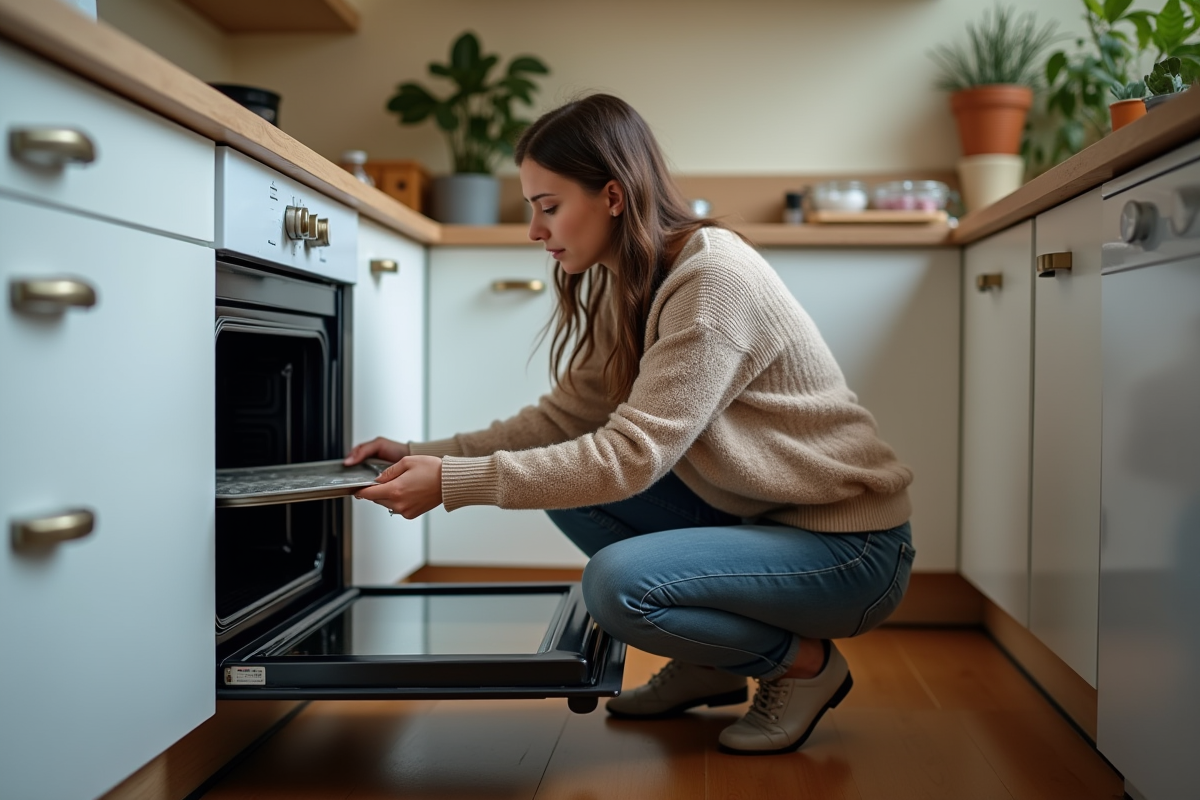 Jeune femme vérifiant un four dans une cuisine chaleureuse