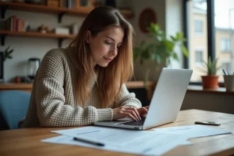 Jeune femme étudie des documents de location dans son appartement