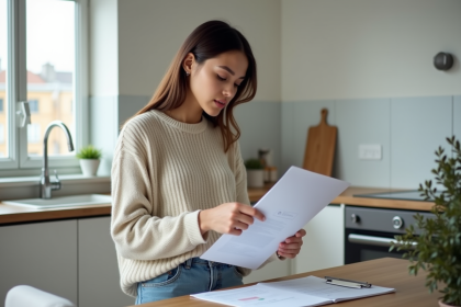 Jeune femme examine des documents de location dans une cuisine moderne
