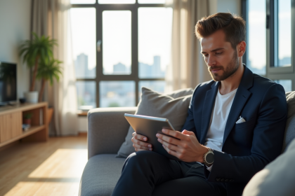 Jeune homme en blazer regardant une tablette dans un salon lumineux