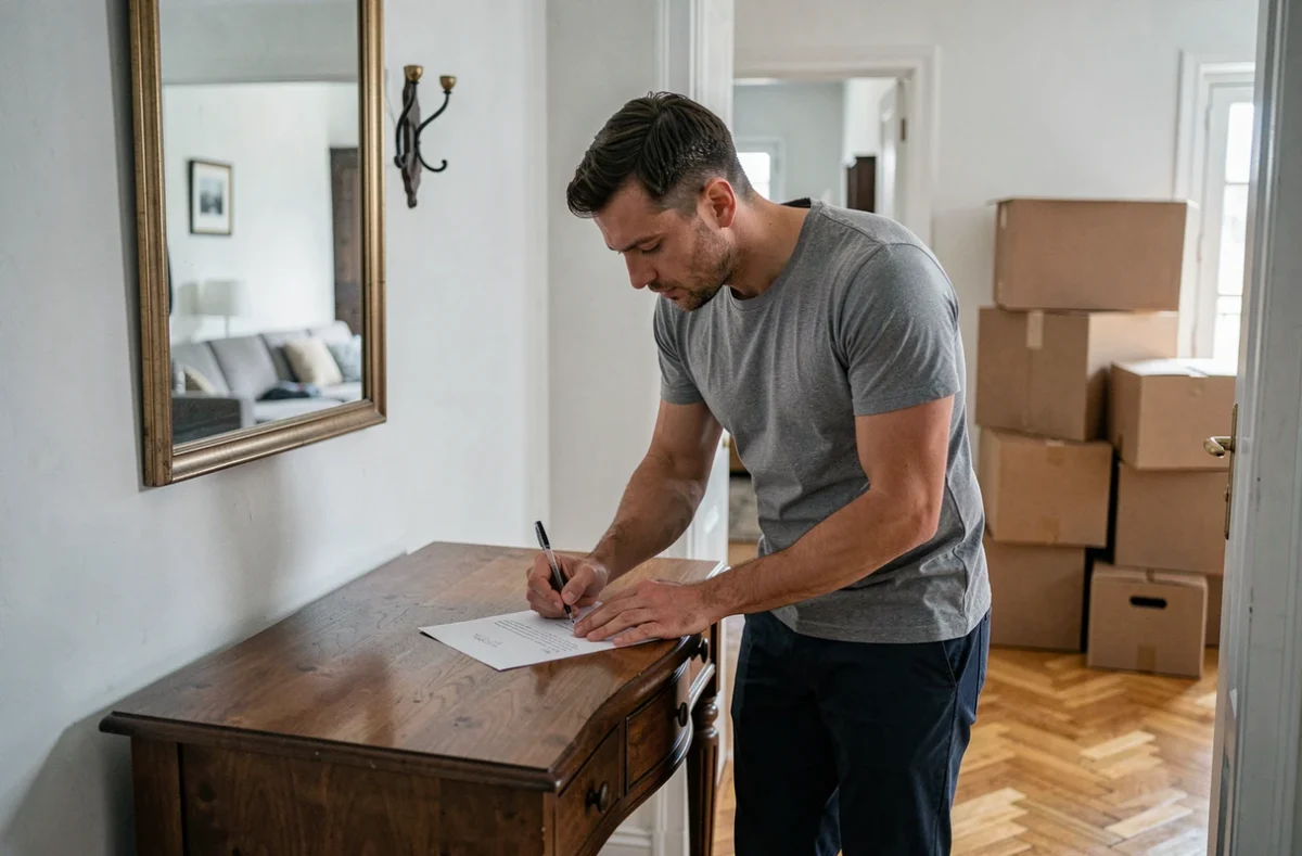 Homme rédigeant une lettre de résiliation d'assurance habitation dans un couloir d'appartement avec cartons de déménagement
