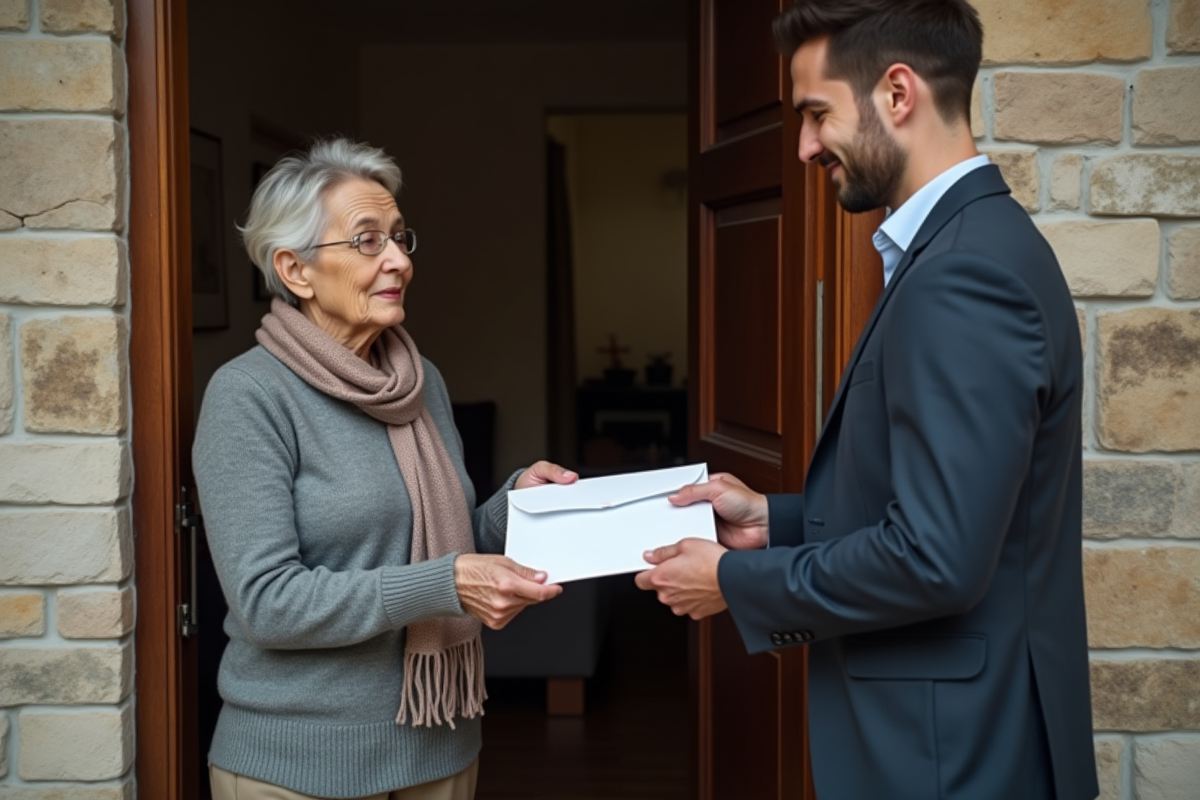 Livreur jeune remettant un enveloppe à une cliente âgée chez elle