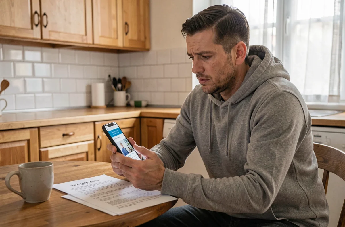 Homme consultant un site d'assistance juridique sur smartphone avec un contrat de bail posé sur la table pour porter plainte suite à un changement de serrure