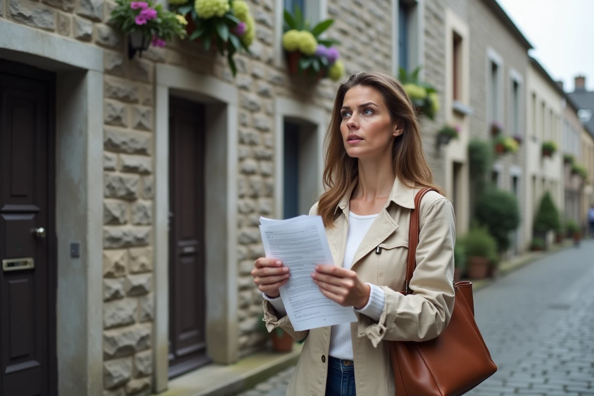 Jeune femme consultant des documents de location devant un immeuble en pierre bretonne à Concarneau