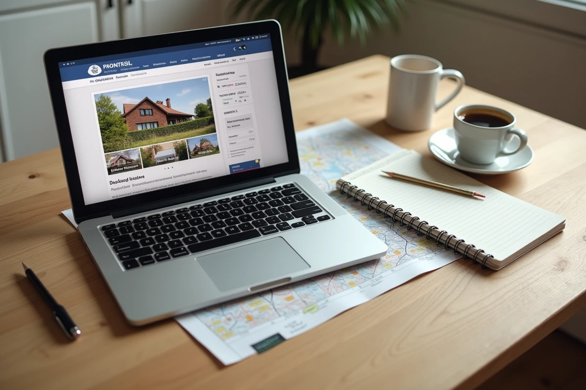 Vue aérienne d'un bureau avec un logiciel d'estimation immobilière ouvert sur ordinateur portable entouré de documents et notes manuscrites
