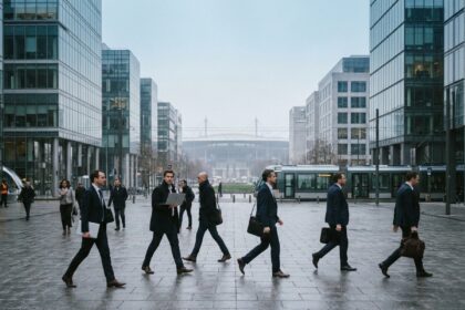 Vue d'ensemble du quartier d'affaires de Saint-Denis avec des immeubles de bureaux modernes et des professionnels en déplacement