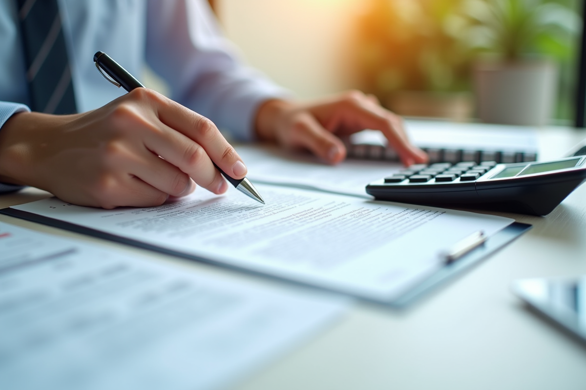 Main d un professionnel pointant un contrat de pret immobilier