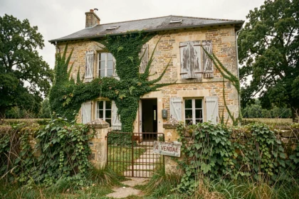Maison abandonnée en pierre à vendre en Île-de-France avec volets en bois délabrés et jardin envahi par la végétation