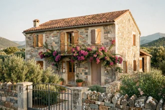 Maison ancienne en pierre de granit typique de la Corse du Sud avec volets en bois et bougainvillées