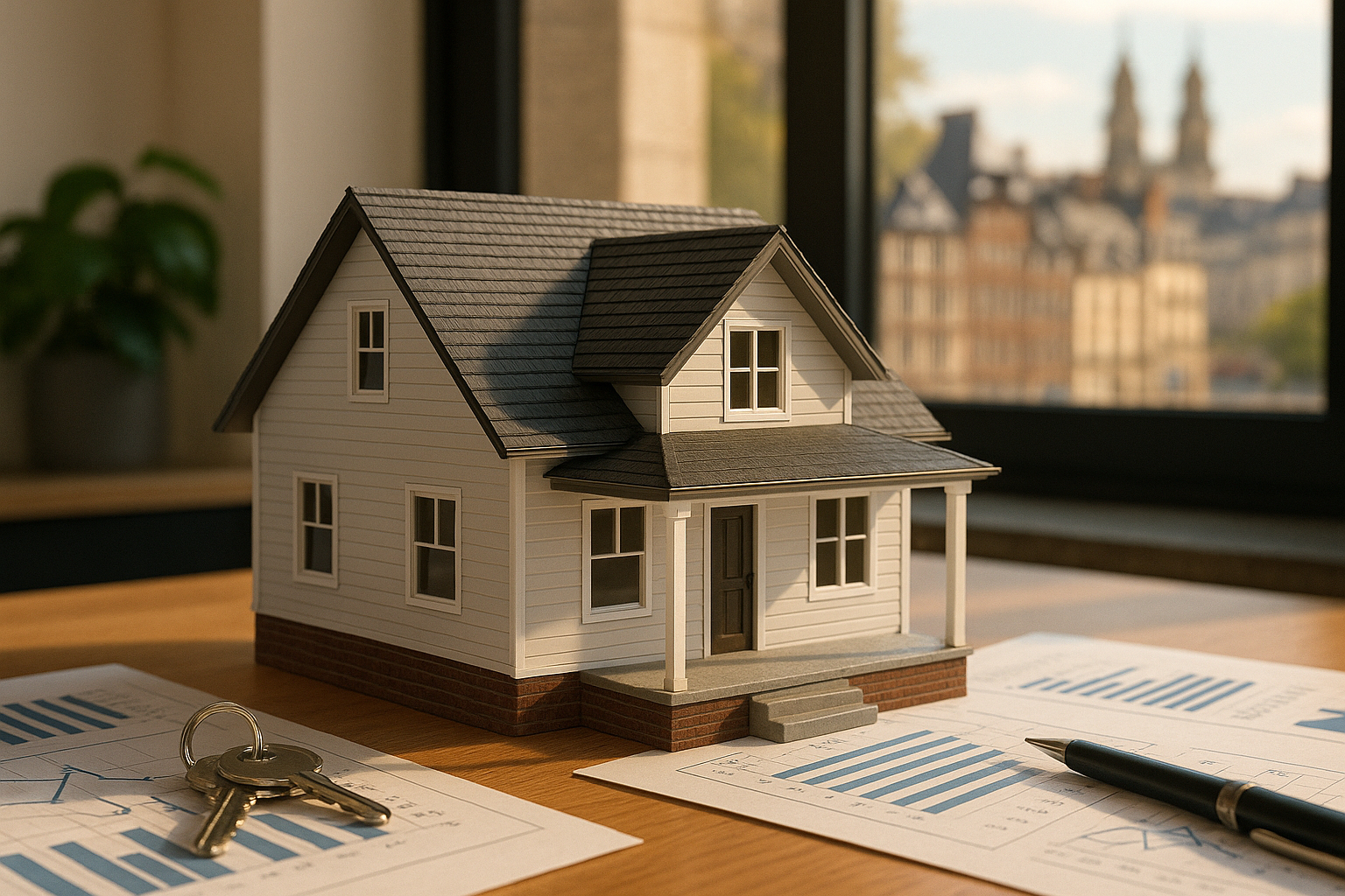 Maquette de maison avec clés et graphiques dans un bureau lumineux