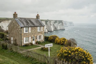 Maison normande en pierre à vendre sur les falaises de la Côte d'Albâtre avec vue mer et panneau à vendre