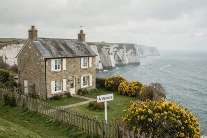 Maison normande en pierre à vendre sur les falaises de la Côte d'Albâtre avec vue mer et panneau à vendre