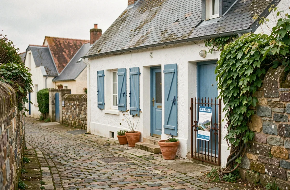 Petite maison de pêcheur à vendre dans un village du Cotentin en Normandie avec volets bleus et cour pavée