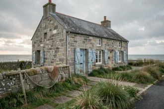 Maison de pêcheur en pierre à vendre en Bretagne avec volets bleus et vue sur la mer