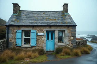 Maison de pêcheur en pierre avec volets bleus et panneau à vendre sur la côte bretonne