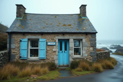 Maison de pêcheur en pierre avec volets bleus et panneau à vendre sur la côte bretonne