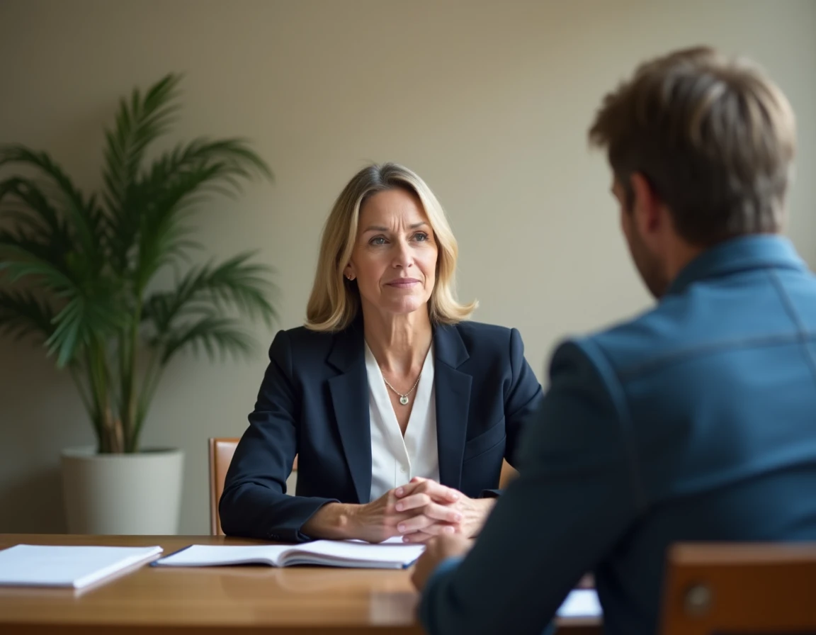 Une médiatrice professionnelle facilitant une discussion entre deux voisins en conflit dans un bureau de médiation