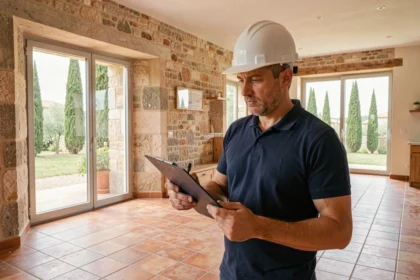 Diagnostiqueur immobilier professionnel inspectant une maison provençale dans le Var