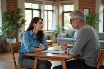 Femme discutant avec un propriétaire dans un intérieur lumineux